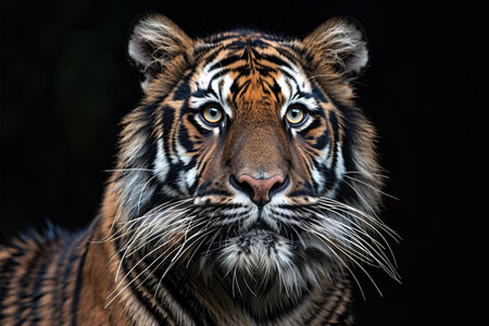Close-up of a tiger looking at camera. Isolated on black background.の写真素材