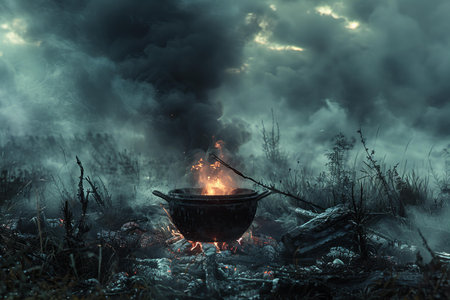 Burning cauldron in the forest at night. Halloween background.の写真素材