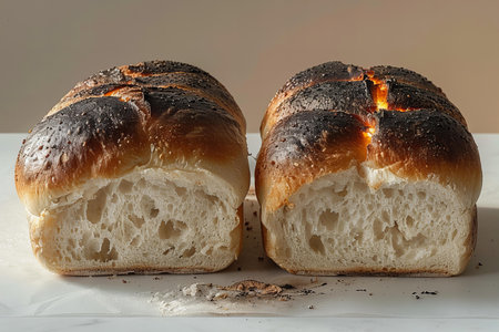 Close-up of two loaves of bread on a white table.