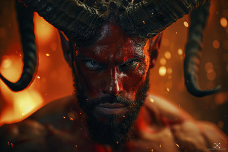 Portrait of a man with horns on fire background. Halloween.