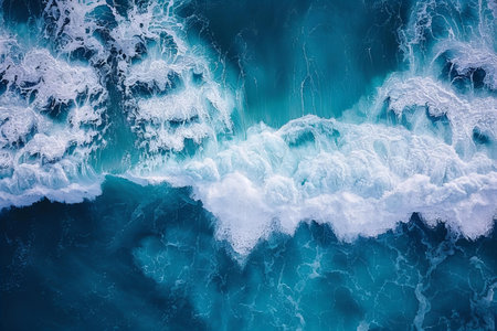 Aerial view of blue ocean wave with white foam and splashes