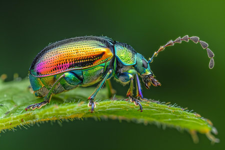 Close up of a green beetle on a green leaf in nature.