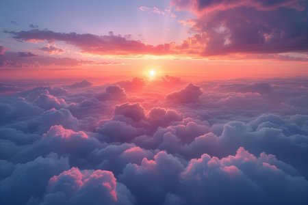 Beautiful aerial view above the clouds at sunset. 3d illustration