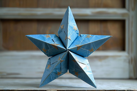Blue origami star on a wooden background. Christmas greeting card.