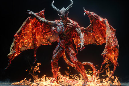 3d rendering of a dragon with fire and sparks on a black backgroundの写真素材