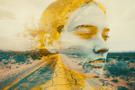 Double exposure portrait of woman face and road in desert. 3D rendering
