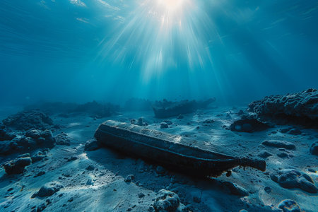 Underwater view of a sunken boat in the Red Sea.の写真素材