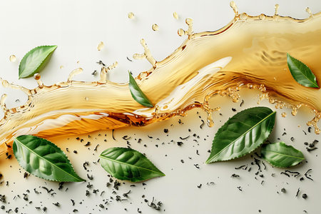 Fresh tea leaves and splashes on white background. 3d renderingの写真素材