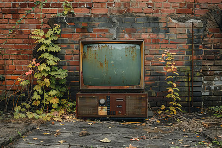 Old TV on a brick wall background. Retro style. Toned.の写真素材