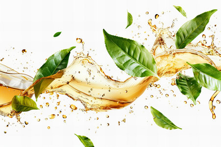 Green tea leaves with splash isolated on white background. 3d illustrationの写真素材