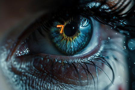Macro shot of human eye with number 7. 3D rendering