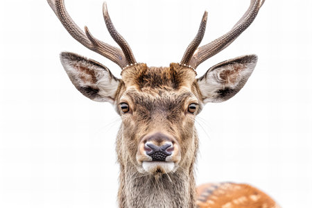 Portrait of a deer with antlers isolated on a white backgroundの写真素材