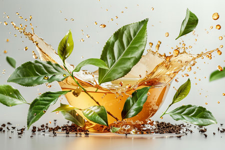 cup of tea with green tea leaves and splashes on gray backgroundの写真素材