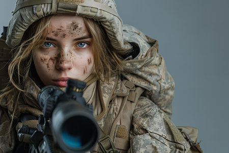 Beautiful girl in military uniform with a machine gun in her handの写真素材