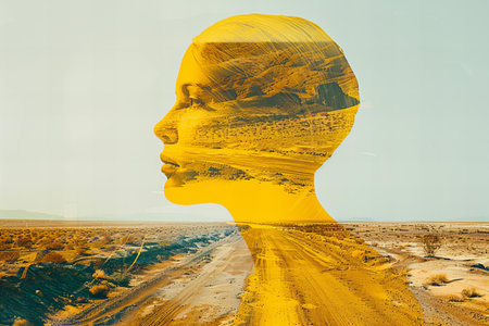 Double exposure of the head of a man in the middle of the desertの写真素材