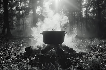 Cooking food on a campfire in the forest. Selective focus. Toned.