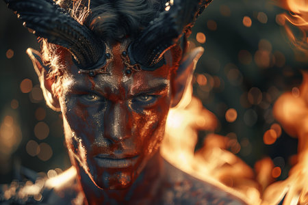 Halloween concept. Close-up portrait of a man with a painted face in the form of a demon.の写真素材