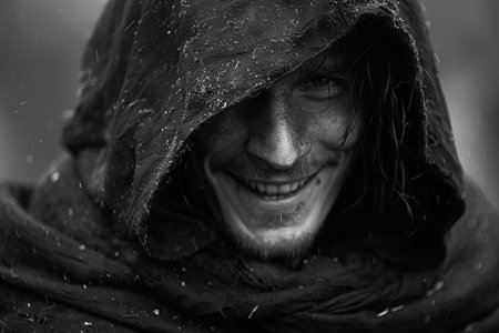 Portrait of a man with a hood on his head in the rain