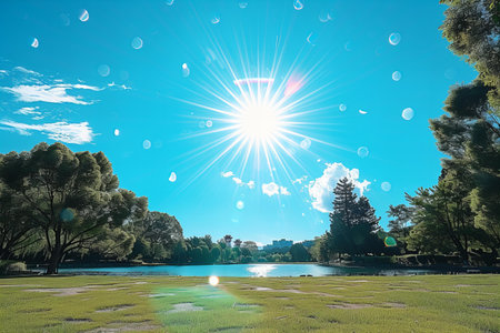 Sunny day over green field and blue sky. 3d rendering