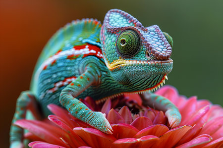 Close up of colorful chameleon on flower petals, nature backgroundの写真素材