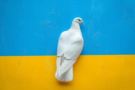 White dove on the background of the flag of Ukraine. The concept of peace and love.の写真素材