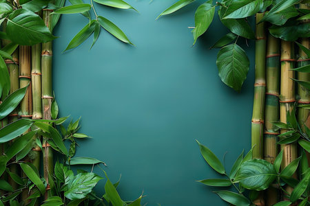Green bamboo frame with green leaves on green background. Flat lay, top view.の写真素材