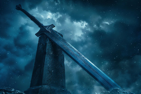 Fantasy landscape with a medieval sword in the dark sky. 3d renderingの写真素材