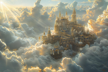 Fantasy landscape with fantasy city. 3D rendering. Computer digital drawing.の写真素材