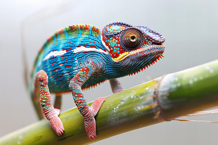 Colorful chameleon on a bamboo branch, close-upの写真素材
