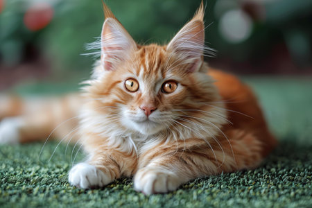 ginger cat lying on green carpet and looking at cameraの写真素材