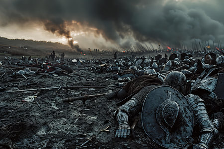 Medieval battle scene with knightly knights in armor and weapons.の写真素材