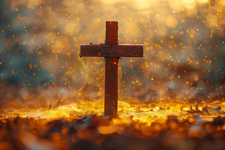 Wooden cross on a grave in the forest at sunset.の写真素材