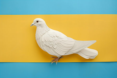 White dove on the blue and yellow background. The symbol of peace.の写真素材