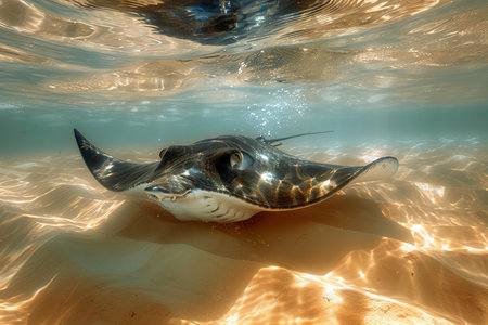 Manta ray in the sea. 3d render underwater scene.の写真素材