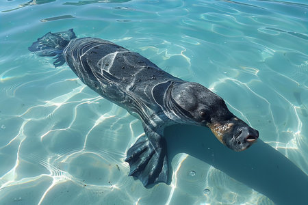 seal swimming in the clear water of the ocean, closeup of photoの写真素材