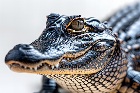 Close up of a crocodile's head on a white background.の写真素材