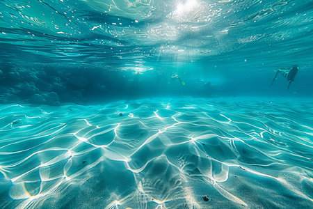 Underwater view of a tropical coral reef with sunbeams.の写真素材