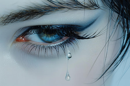 Beautiful woman's eye with long eyelashes and drop of waterの写真素材