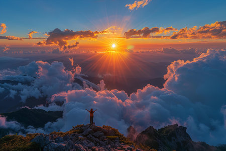 Hiker standing on the top of the mountain and enjoying the sunrise.の写真素材