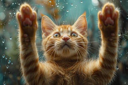 Cute ginger kitten playing with water drops on the window glass.