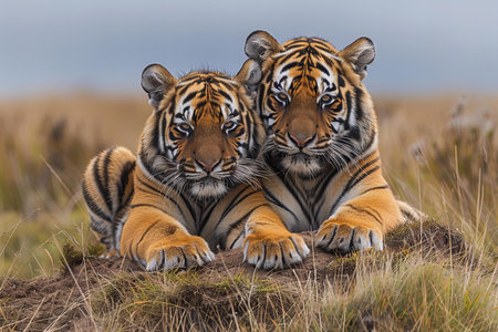 Close up of two bengal tigers lying on a rock.