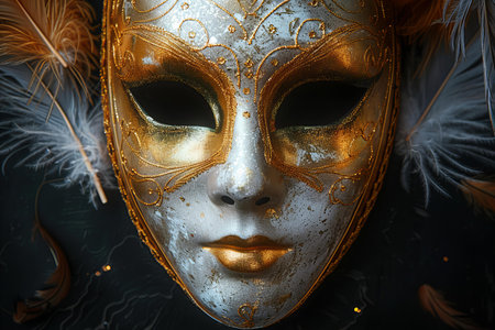 Beautiful venetian mask with feathers on dark background, closeupの写真素材
