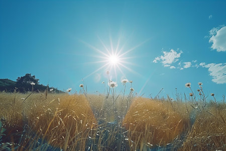 Sunset in a wheat field with dandelions and blue skyの写真素材