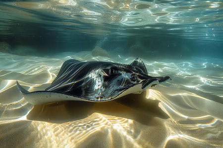 Manta ray swimming in the ocean at sunset, low angle viewの写真素材