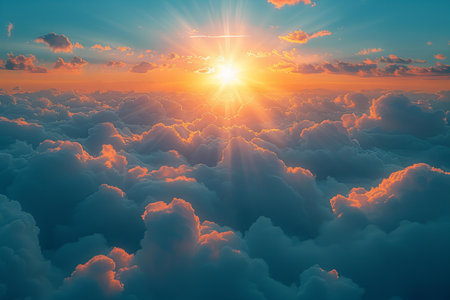Beautiful aerial view above clouds at sunset. 3d rendering illustration
