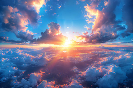 Beautiful aerial view above clouds at sunset. 3D illustration.