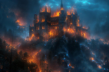 Fantasy castle in the forest with fire and smoke. 3D illustration