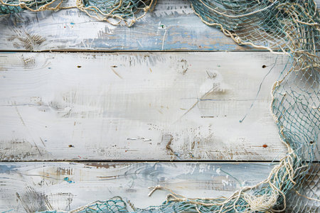 Fishing net on old wooden background. Top view with copy space
