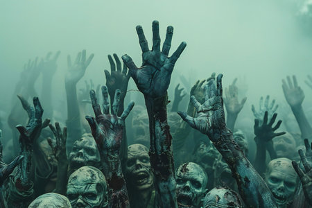 Zombie hand in the fog. Halloween concept. 3D Rendering