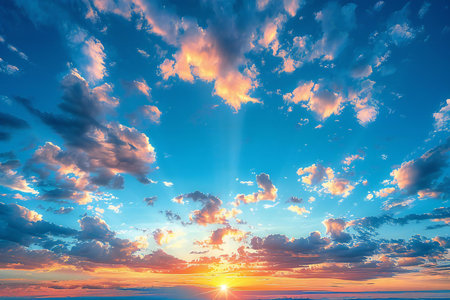 Sunset sky with clouds and sun rays. Beautiful nature background.